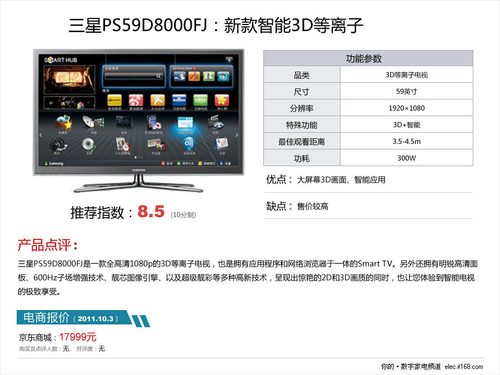 三星PS59D8000FJ:智能3D等離子新品
