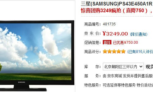 同價(jià)位最強(qiáng) 三星43吋等離子團(tuán)購3249元